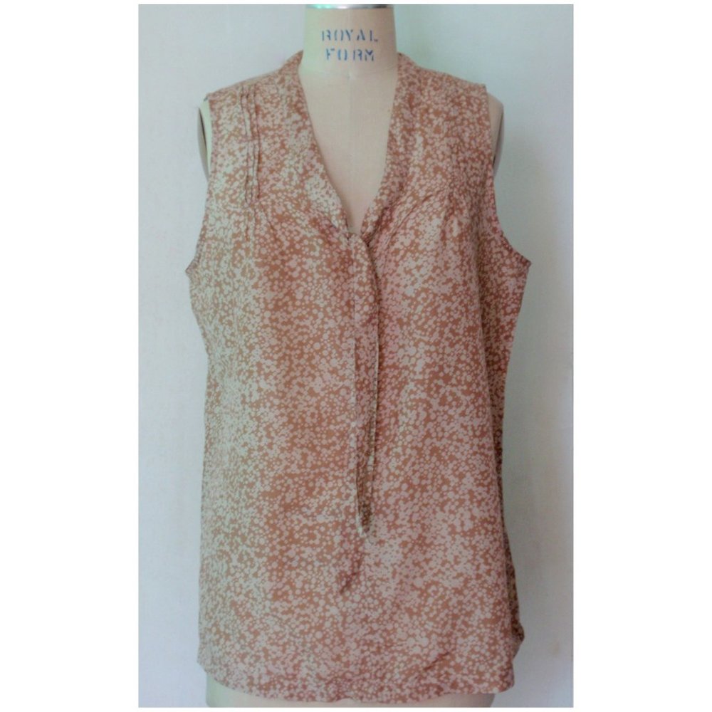 GAP CREAM CAMEL ABSTRACT DOT SILK COTTON SLEEVELESS TIE BLOUSE L NWT